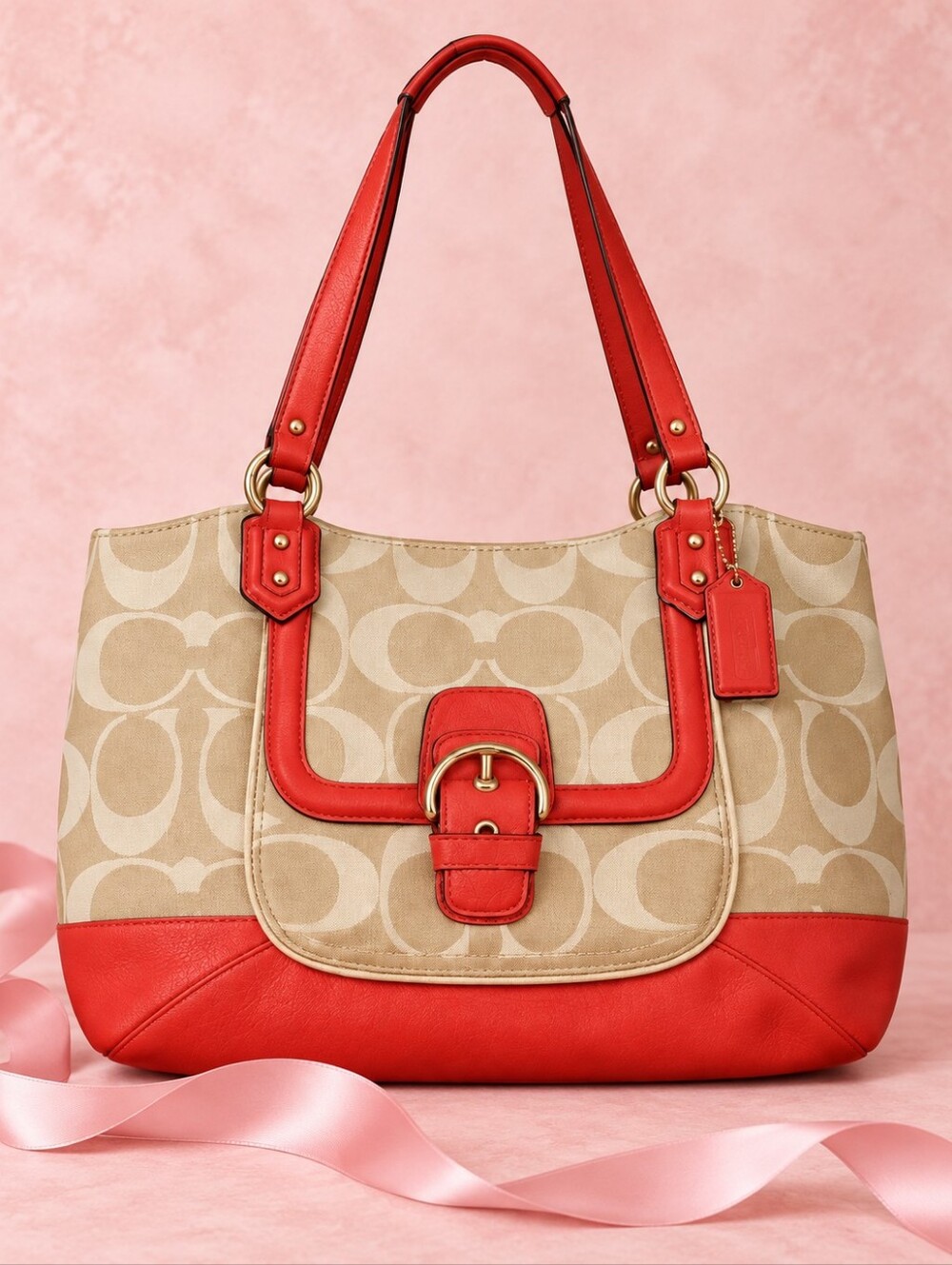 Coach Campbell Belle F25294 Khaki Pomegranate Pink Signature Tote